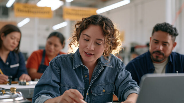 Prosthetics designer translates assembly instructions for a diverse workshop team in an urban nonprofit training center as dust motes drift through the air caught by a single