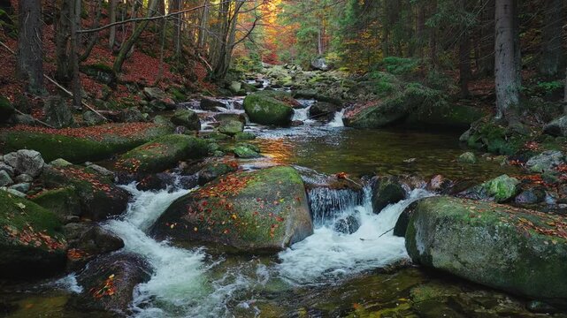 Crystal-clear autumn mountain stream flowing through a colorful forest with moss-covered boulders and vibrant fall foliage. Peaceful real-time footage capturing the beauty of untouched wilderness.