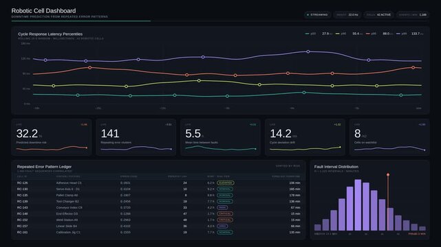 Industrial robotic cell dashboard displaying real-time production data