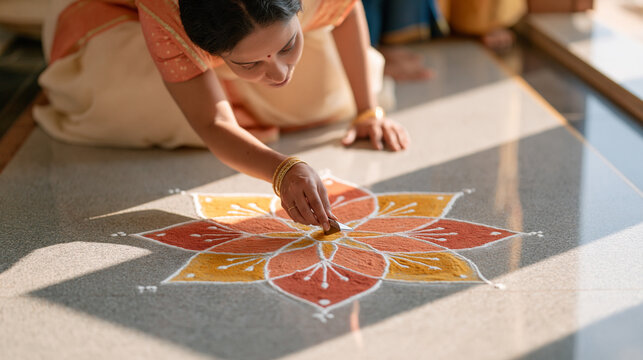 Diwali rangoli doorstep pattern in full geometric symmetry photographed against sterile white backdrop, a tarot reader kneels sanding the final petal edge smooth with a folding