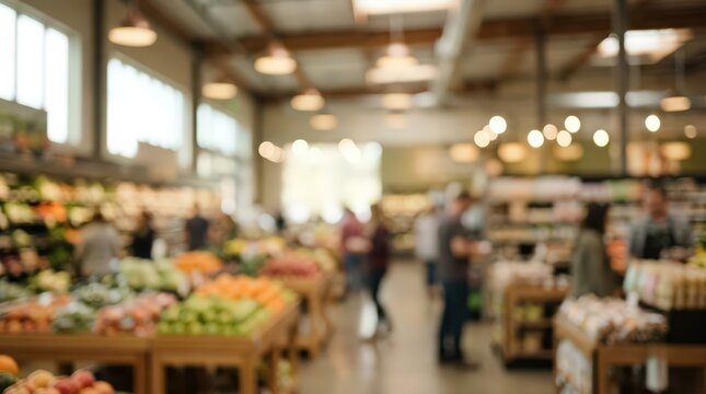 Grocery store interior with customers shopping for fresh produce in the aisles. The scene features blurred shelves filled with fruits and vegetables under warm ambient lighting.