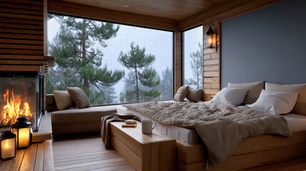 Obraz premium Cozy rustic cabin bedroom with large window, fireplace, wood interior, warm bedding, and peaceful forest view