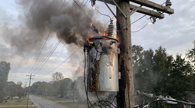 Electrical transformer on a wooden utility pole catching fire and emitting thick smoke outdoors
