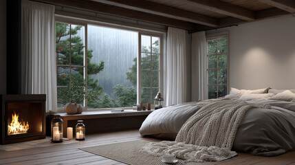 Obraz premium Cozy rustic cabin bedroom with large window, fireplace, soft blanket, candles, and rainy forest view
