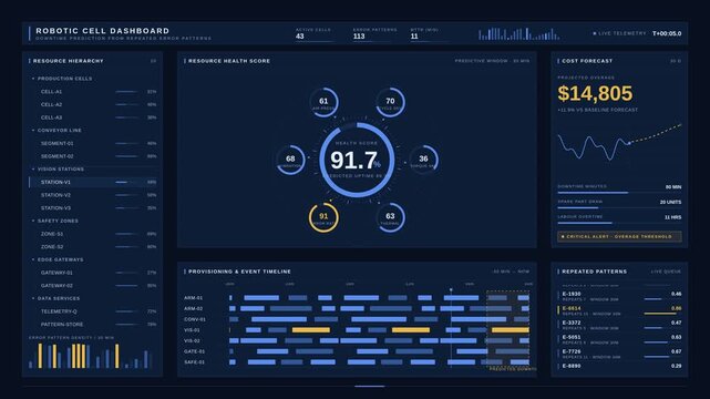 Industrial robotic cell control dashboard displaying repeated error patterns