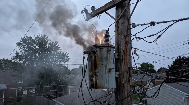 Electric utility pole transformer catching fire and emitting thick smoke in a residential neighborhood