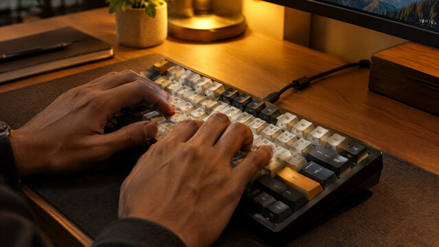 Person typing on a mechanical keyboard with custom keycaps at a desk in a dimly lit home office