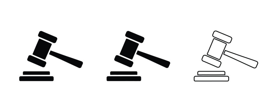 Gavel Icons, Gavel Flat Vector Designs for Judges, Courts, Tribunals, Auctions, Legal Proceedings, Justice, and Law Enforcement Concepts.