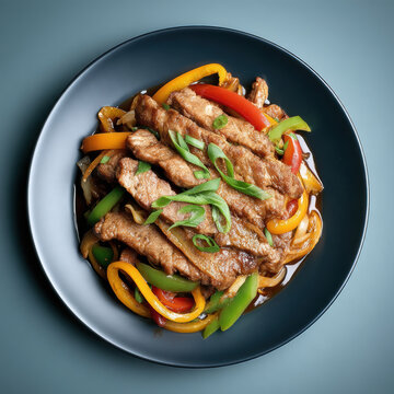 Stir fried pork bell pepper onion Asian cuisine noodle savory green onion black plate Savory stir fried pork with bell pepper