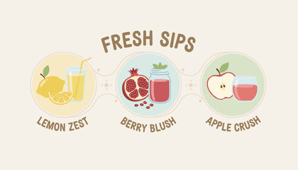 Fototapeta premium Fresh sips infographic displaying delicious juice recipes for lemon zest, berry blush, and apple crush.