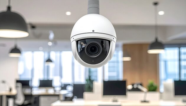 Modern white dome security camera mounted on a ceiling in a contemporary open plan office space