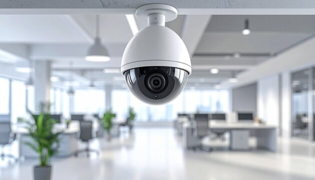 Modern white dome security camera mounted on the ceiling of a bright contemporary open plan office