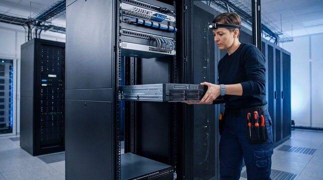 Female it engineer installing server hardware in data center rack