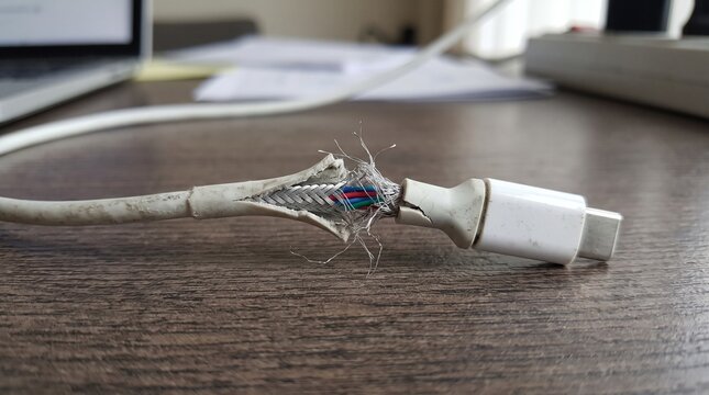 Damaged white charging cable with exposed wires and frayed insulation on a wooden desk surface