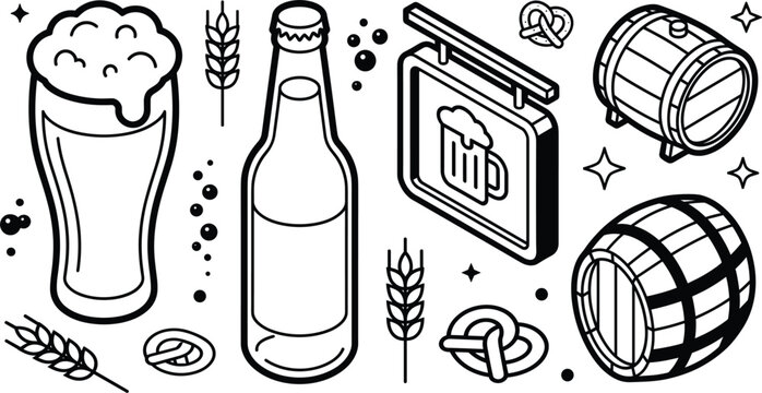 Beer brewery vector icon set outline collection linear design elements for pub bar menu and Oktoberfest festival