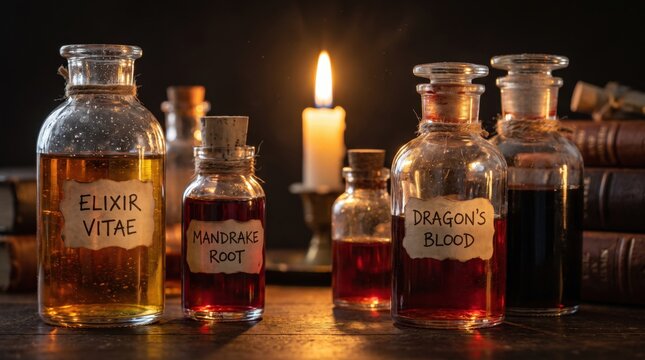 Fantasy Potions: Elixir Vitae, Dragon's Blood, Mandrake Root by Candlelight