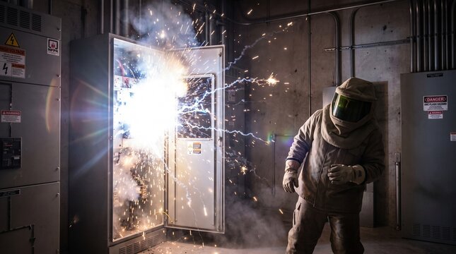 Electrician wearing arc flash protective gear during a dangerous electrical explosion in a facility.