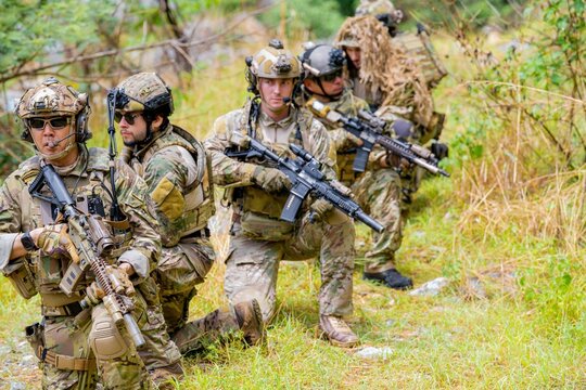Military team conducts training exercise in outdoor jungle setting with rifles and tactical gear