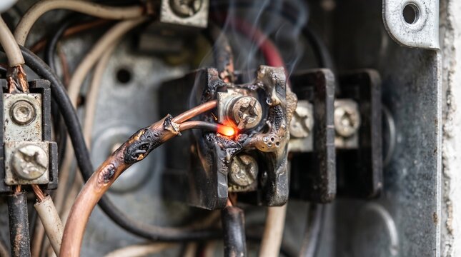 Close up of a dangerous electrical short circuit with melting wires and smoke in a junction box