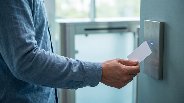 Access control and RFID card security entry concept. Man tapping blank access card on contactless reader at office building turnstile gate for employee authentication and restricted entry