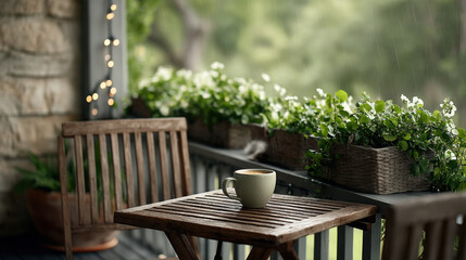 Fototapeta premium Calm balcony with wooden table, chair, coffee cup, green plants, and soft natural light, peaceful atmosphere