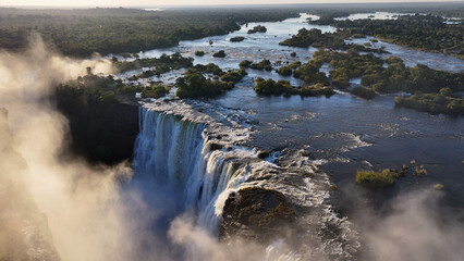 Obraz premium Scenic Water Falls At Victoria Falls In Matabeleland North Zimbabwe. Nature Waterfall. Zambezi River Landscape. Victoria Falls At Matabeleland North Zimbabwe. Southern Africa. Tourism Travel.