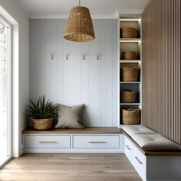 Built in mudroom wardrobe with white shiplap, wood bench, storage baskets, and cozy cushion seating