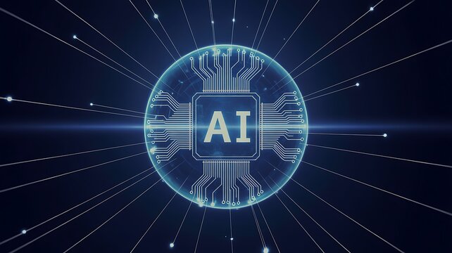Artificial Intelligence AI Chip with Glowing Digital Brain and Radiating Network Connections, Futuristic Technology and Machine Learning Concept