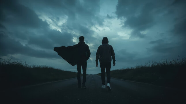 Silhouette couple walking along dark road beneath stormy sky