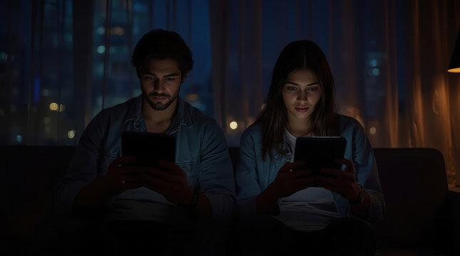 Long distance couple using tablet in dark room with quiet emotion