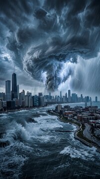 Superstorm Engulfing a Coastal Metropolitan City