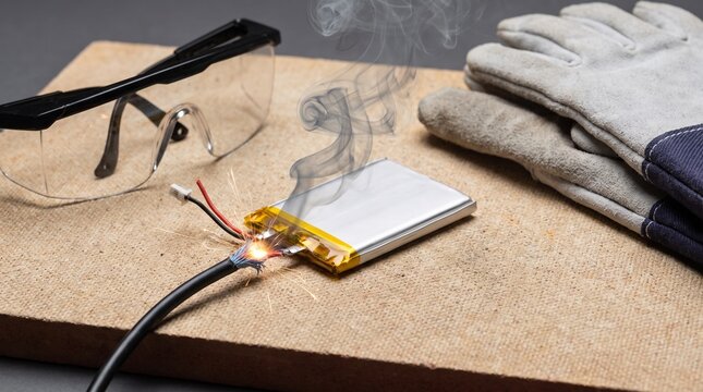 Lithium ion battery short circuiting with smoke and sparks on a workbench with safety gear