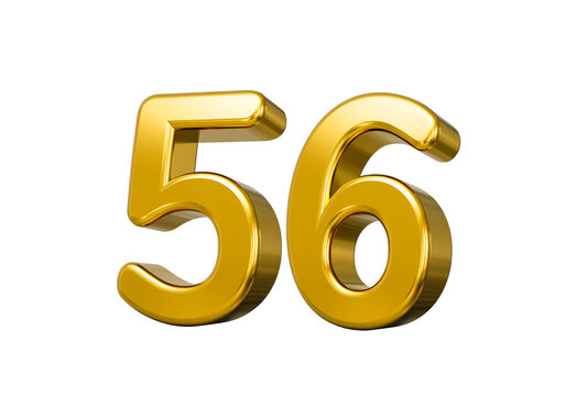 Golden metallic 3D number 56 with smooth shiny golden surface. 3d illustration