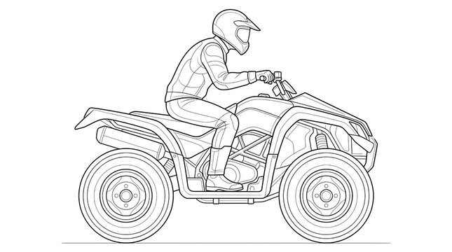 ATV Quad Bike Rider. All Terrain Off Road Vehicle. Adventure Motorsport And Outdoor Recreation. Line Art Vector Illustration