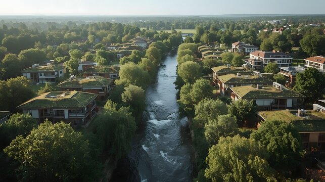 Harmony Between Nature And Modern Habitat With Green Rooftops And Sustainable Homes