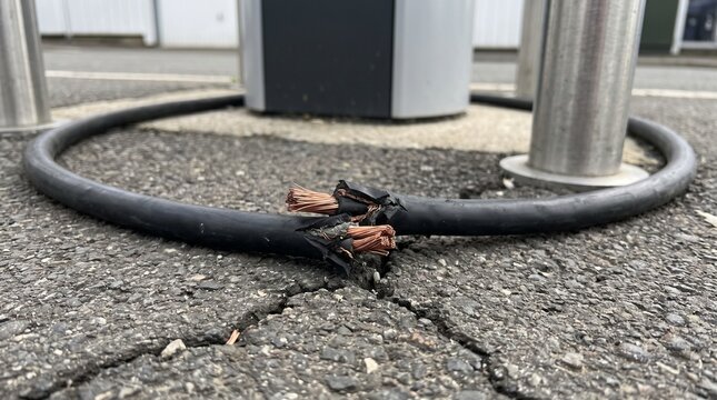 Severed electric vehicle charging cable lying on asphalt ground near a charging station pedestal