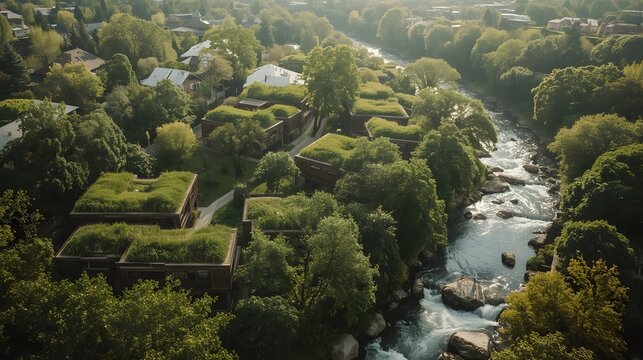 Eco Friendly Homes Blending With Nature Through Green Roofs Lush Trees And River Landscapes