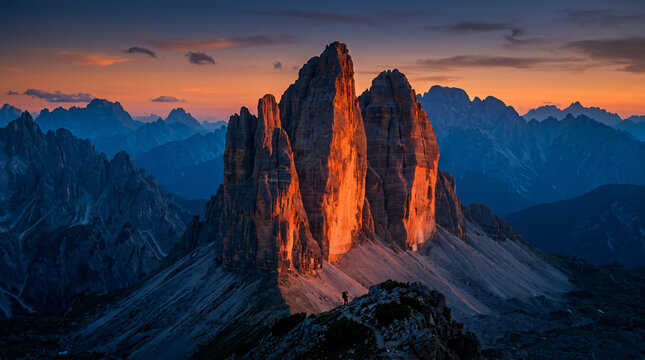 Breathtaking sunset view of the iconic Tre Cime di Lavaredo peaks in the Italian Dolomites.