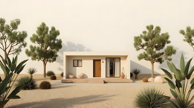 Sustainable Modern Housing Concept Featuring Trees Plants And Soft Natural Shadows