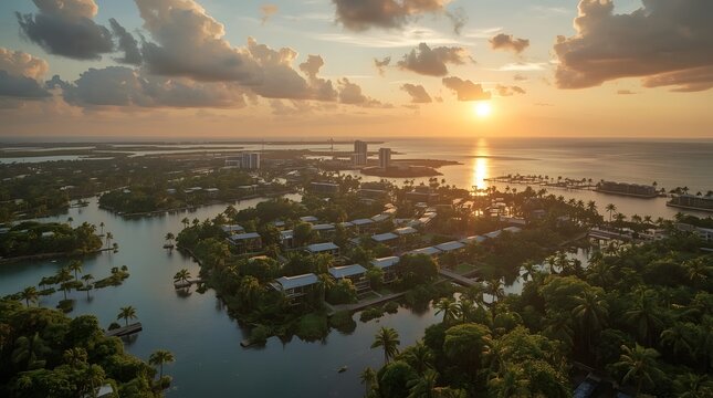 Green Sustainable Coastal Community With Modern Buildings Mangroves And Clean Water