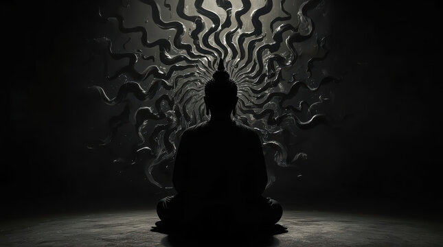 Silhouette meditation Buddha statue serpent shadow