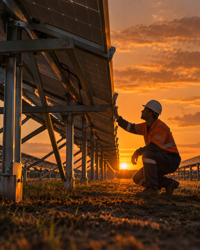 Silhouetted solar technician inspecting panel structure at sunset.