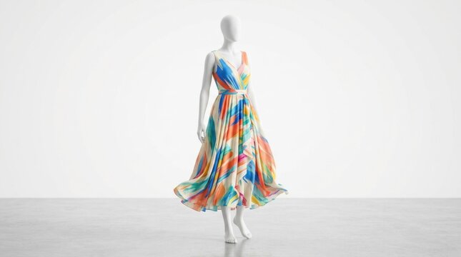 A mannequin wearing a vibrant, colorful, sleeveless maxi dress with a flowing, flowing skirt, standing against a plain white background.