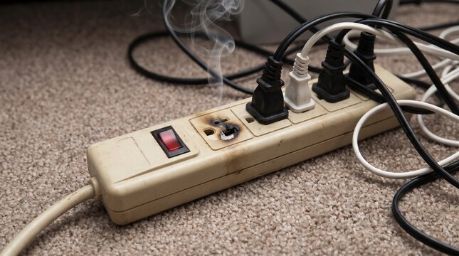 Damaged power strip with smoke rising from a burnt electrical outlet on a carpeted floor