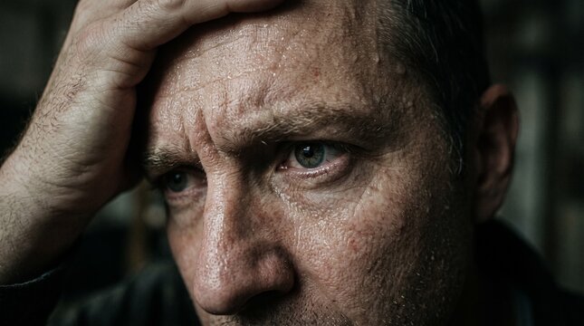Stressed sweaty middle aged man holding head with hand close up