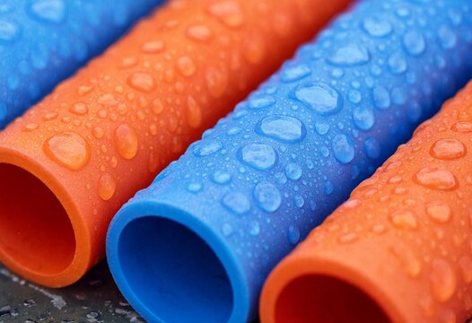 Close up of blue and orange plastic PVC pipes covered with water droplets, representing plumbing, irrigation, drainage, sewage, construction, infrastructure, and industrial applications.