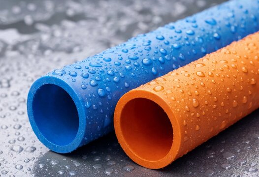 Close up of blue and orange plastic PVC pipes covered with water droplets, representing plumbing, irrigation, drainage, sewage, construction, infrastructure, and industrial applications.