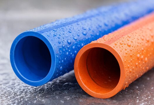 Close up of blue and orange plastic PVC pipes covered with water droplets, representing plumbing, irrigation, drainage, sewage, construction, infrastructure, and industrial applications.
