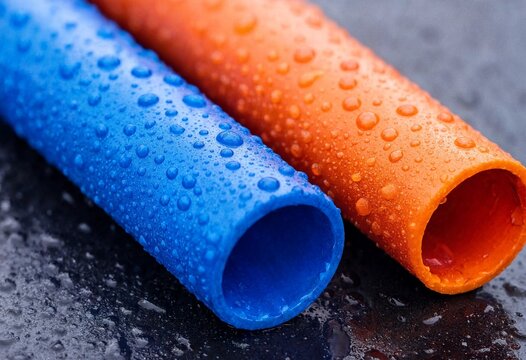 Close up of blue and orange plastic PVC pipes covered with water droplets, representing plumbing, irrigation, drainage, sewage, construction, infrastructure, and industrial applications.