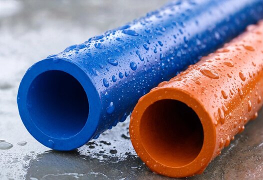 Close up of blue and orange plastic PVC pipes covered with water droplets, representing plumbing, irrigation, drainage, sewage, construction, infrastructure, and industrial applications.